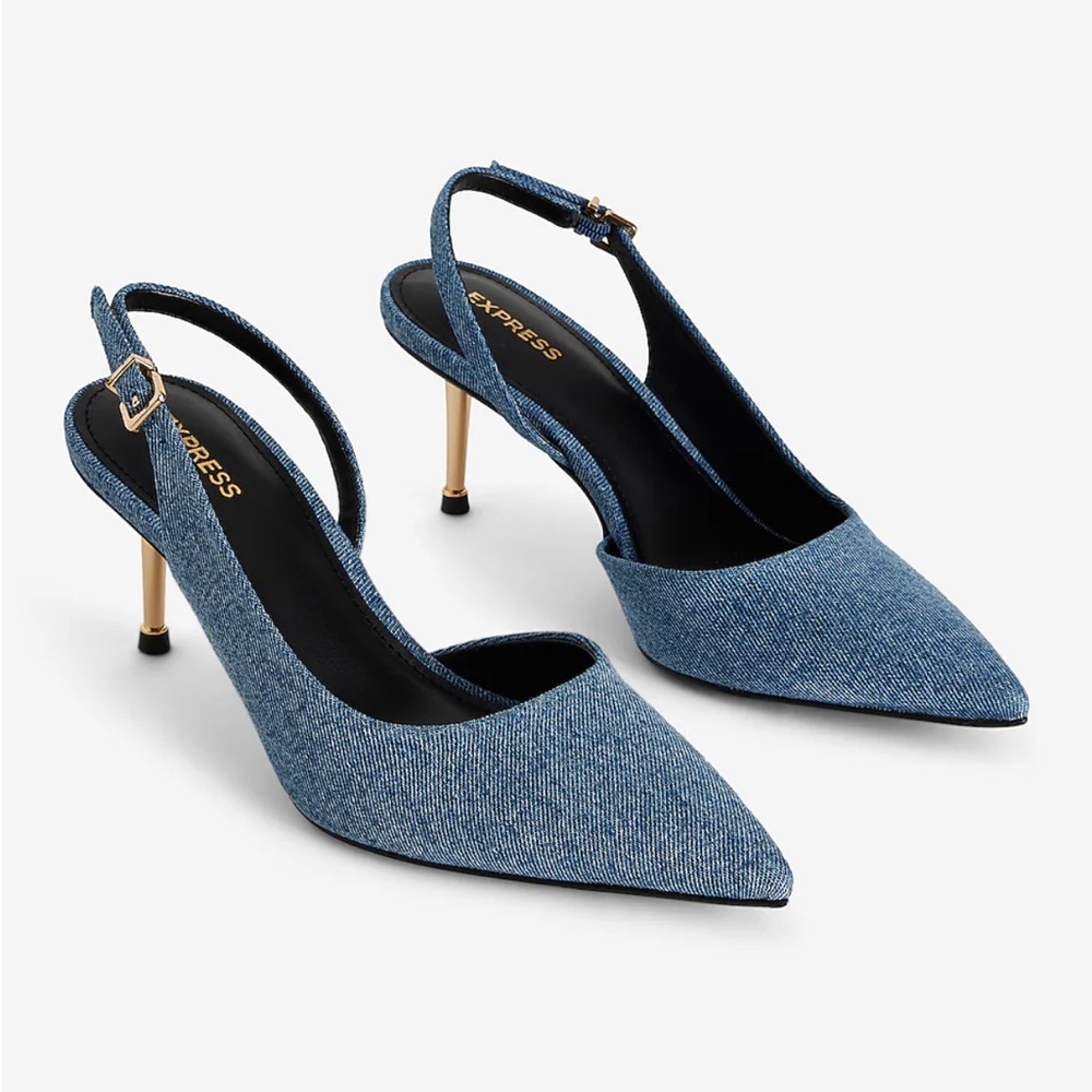 Denim Gold Heel Slingback Pumps